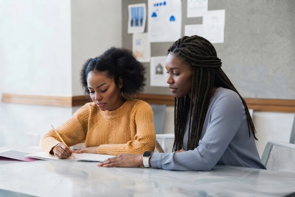 Two students studying together over a notebook